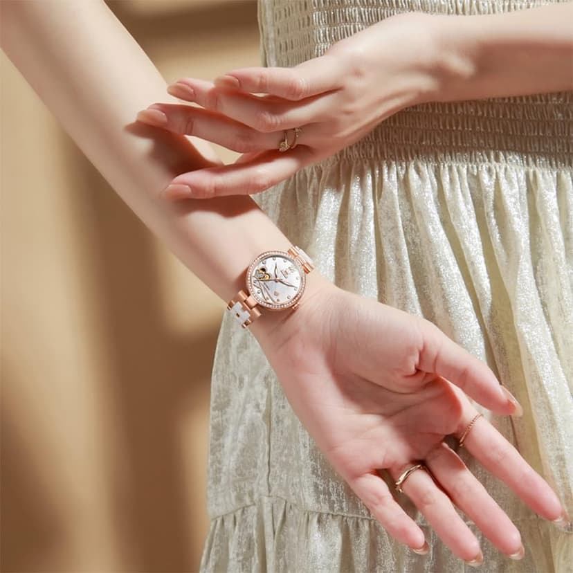 OLEVS Womens Watches Automatic Luxury Dress Ladies Watch Ceramic Strap Rose Gold Self Winding Female Wrist Watch