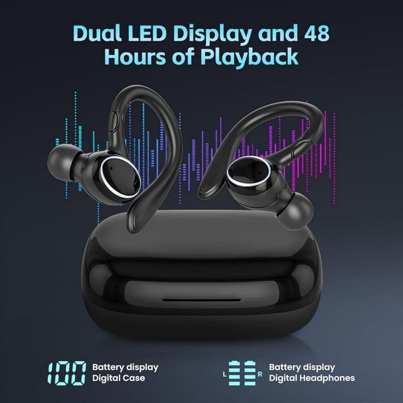 Beniduck Wireless Earbuds Bluetooth 5.3 Headphones Stereo Ear Buds, ENC Noise Cancelling Mic,IPX7 Waterproof Earphones with Hook for Android iOS Smart Phone Laptop Computer Sports - Black