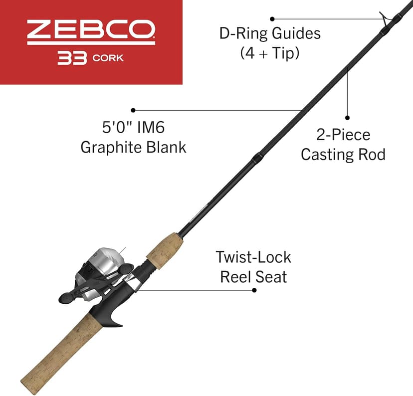 Zebco 33 Cork Reel and Fishing Rod Combo, Graphite Rod with Cork Handle, QuickSet Anti-Reverse Fishing Reel with Bite Alert, Black