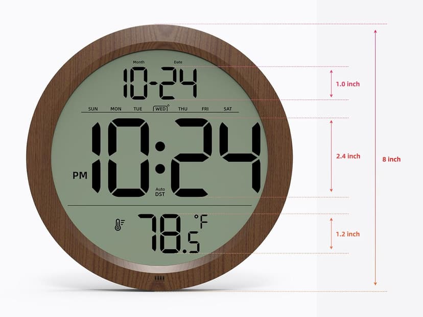 Digital Wall Clock with Date, Indoor Temperature, Auto-DST, Battery-Operated Digital Clock, 8 Inch Small Decorative Wood Wall Clock for Bedroom, Living Room, Kitchen, Office, Modern, Electric, Simple