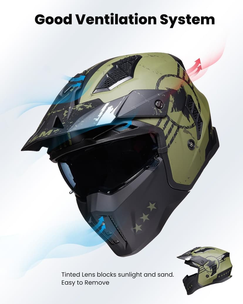 ILM Open Face Motorcycle 3/4 Half Helmet for Men and Women, Vintage Retro Helmet with Visor for Moped ATV Cruiser Scooter DOT Model Z302(Army Green,X-Large)