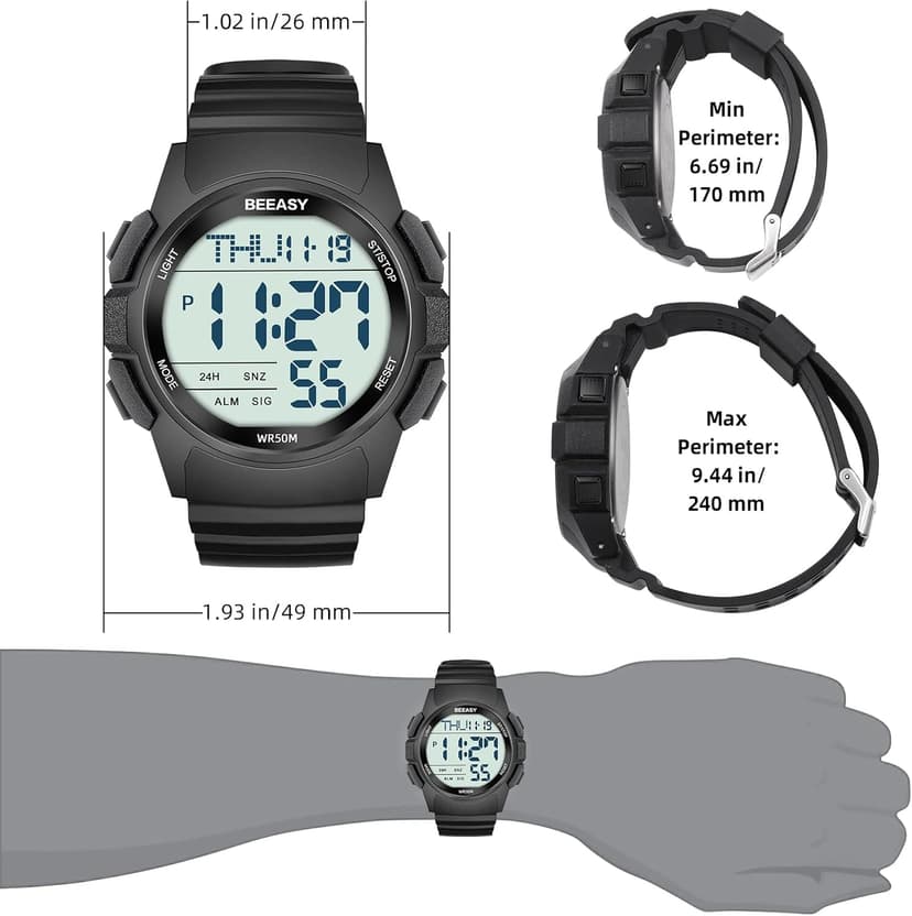 Beeasy Men Digital Sports Watch,Waterproof Watch with Stopwatch Countdown Timer Alarm Function Dual Time Rubber Strap Wrist Watch for Men/Student
