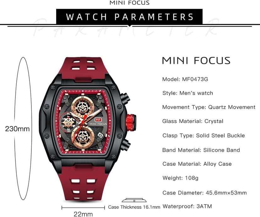 MF MINI FOCUS Men Watches Unique Casual Wrist Watches (Chronograph/Waterproof/Luminous/Calendar) Silicon Band Fashion Watches for Men