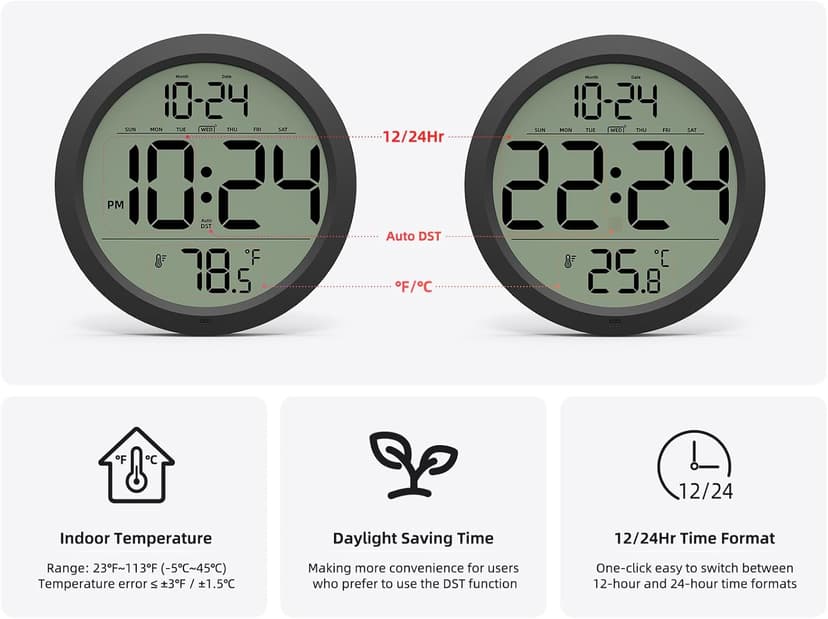 Digital Wall Clock with Date, Indoor Temperature, Auto-DST, Battery-Operated Digital Clock, 8 Inch Small Decorative Wall Clock for Bedroom, Living Room, Home, Kitchen, Office, Modern, Electric, Simple