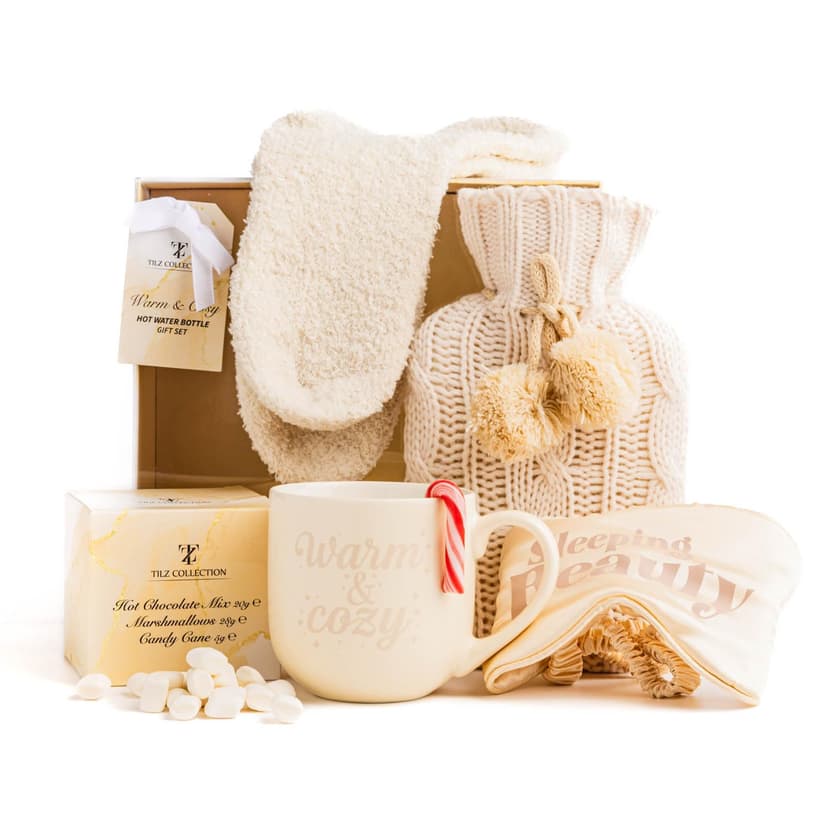 Women Gift Set -Hot Water Bottle, Hot Chocolate Mix, Mini Marshmallows, Mug, Socks, Crushed Candy |Mini Winter Hot Water Bottle With Cover|Cosy Gifts |Women Gifts |Hot Chocolate Gift Sets