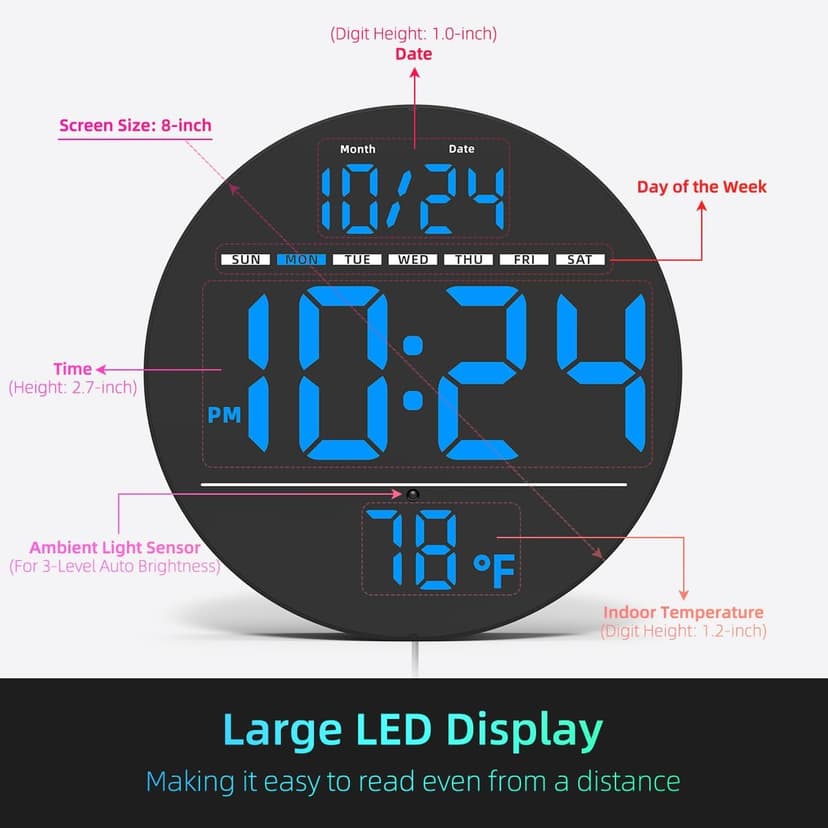 Digital Wall Clock with Large LED Display, Date, Temperature, Auto-Brightness | Small [PLUG-IN] Clock | Modern Electric Wall Clock for Bedroom, Classroom, Living Room, Home, Office, Farmhouse - Blue