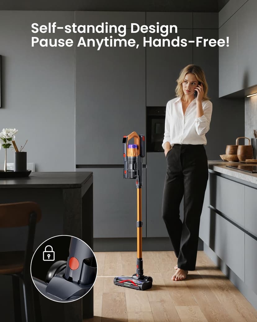 Cordless Vacuum Cleaner for Home, Upgraded 60Kpa Powerful Suction Pet Hair Vacuum with 70min Runtime, Green LED Light for Hardwood Floors & Carpet, Self-Standing Rechargeable Stick Vacuum, Golden