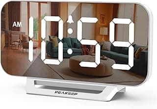 Peakeep Slim Digital Mirror Aesthetic Alarm Clock for Bedrooms Desk Decor, Plug in Electric Big LED Modern Small Clock for Office Living Room, Battery Backup, 6 Dimmers (White)