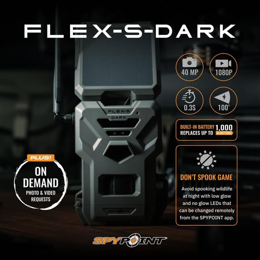SPYPOINT Flex-S-Dark Ultimate Pack with SD Card + LIT-22 - Solar Cellular Trail Camera – Built-in Solar Panel, 40MP Photos, 1080p Videos + Sound, No-Glow Game Camera, Night Vision, Trail Cam