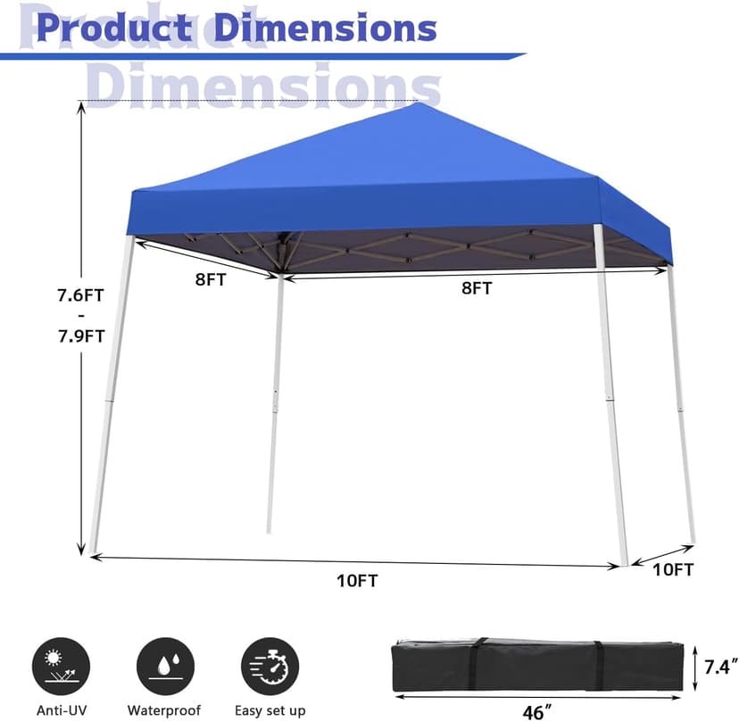 Oneofics Canopy Tent, 10X10 FT Pop Up Canopy Outdoor Instant Tent Slant Legs with Carrying Bag, Portable Gazebo Shelter for Patio Deck Garden and Beach - 8X8 FT Canopy Cover, Blue