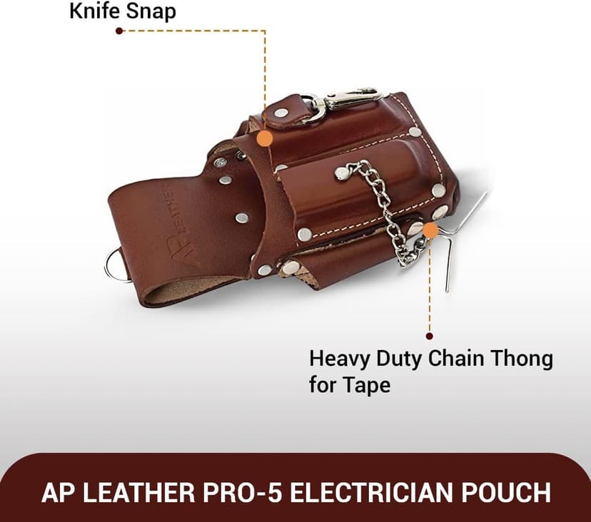 Ap-Leather Pro-5 Electrician Pouch, Leather Tool Pouch, 5 Pocket Pouch with Electrical Tape Holder, Durable Compartments, Tool Pouch with Belt Clip, Dark Brown