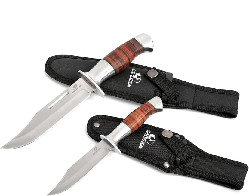 Mossy Oak Fixed Blade Bowie Knife, 2-piece Hunting Knife with Leather Handle Featuring Laser Pattern, Sheath Included