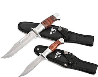 Mossy Oak Fixed Blade Bowie Knife, 2-piece Hunting Knife with Leather Handle Featuring Laser Pattern, Sheath Included