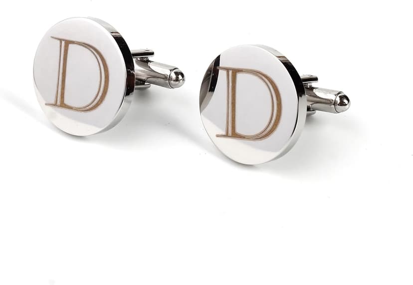 Mens Initial Silver Cufflinks A-Z Alphabet Letter Steel Cuff Links with Engraved Walnut Wood Box Groom Groomsman Wedding Set…