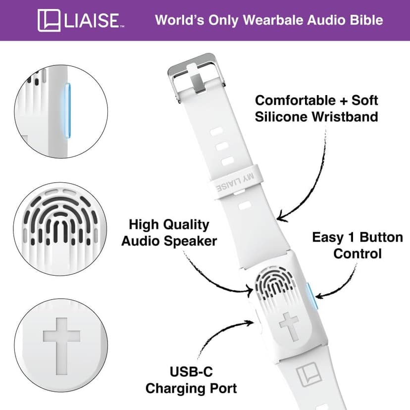 LIAISE Wearable Audio Wrist Band, WWJD Bracelet and Audio Bible, 300+ Verses from NIV, Jesus Bracelet Speaker, Christian Wristband, Christian Gifts for Men, Christian Gifts for Woman (White)
