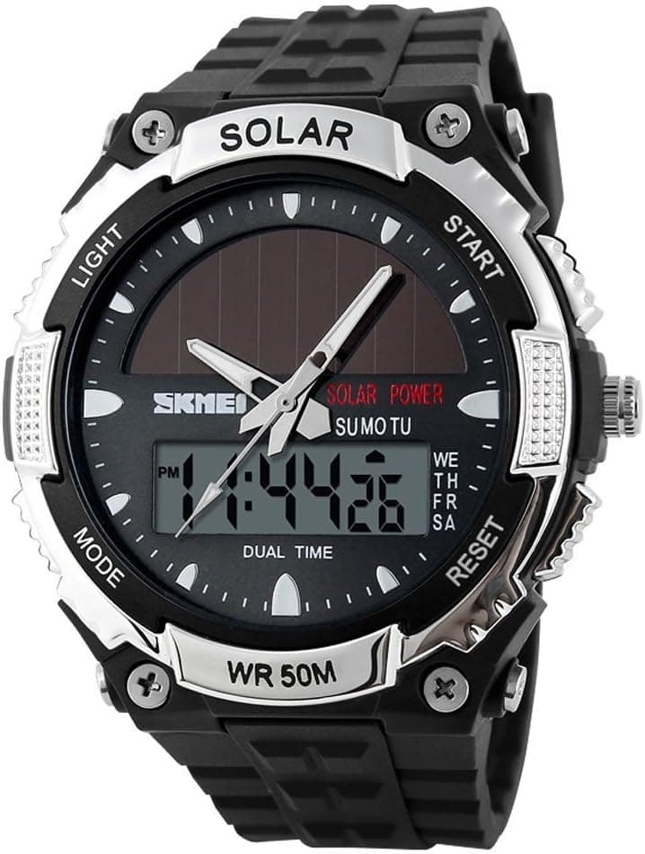 MASTOP Solar Powered Energy Watch for Men Military Digital Multifunctional Led Luminous Indication 2 Time Zone 50m Waterproof Watch Reloj Solar para Hombre