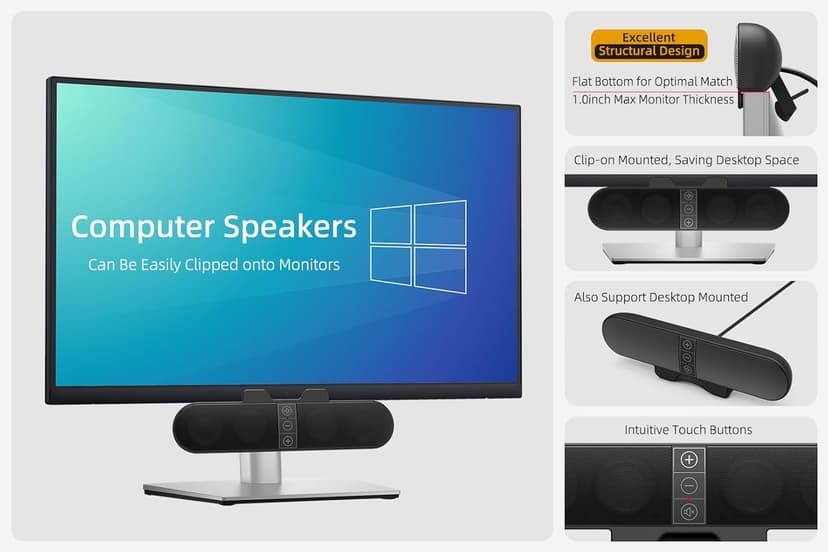 Computer Speakers for Desktop PC Monitor, USB Plug-in, Wired, Computer Soundbar for PC, Laptop Speakers with Adaptive-Channel-Switching, Loud Sound, Deep Bass, USB C Adapter, Easy to Clip on Monitor