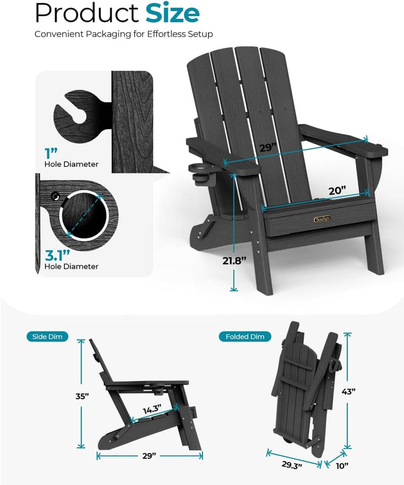 Folding Adirondack Chair, HDPE All-Weather Fire Pit Chairs, Plastic Adirondack Chairs with 2 Cup Holder, Outdoor Lawn Chair for Patio Garden (Black)