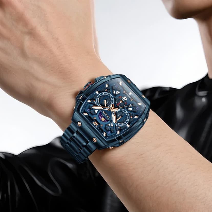OLEVS Watches for Men Analog Quartz Luxury Diamond Waterproof Chronograph Stainless Steel Big Face Square Date Moon Phase Roman Numeral Dress Watch for Men