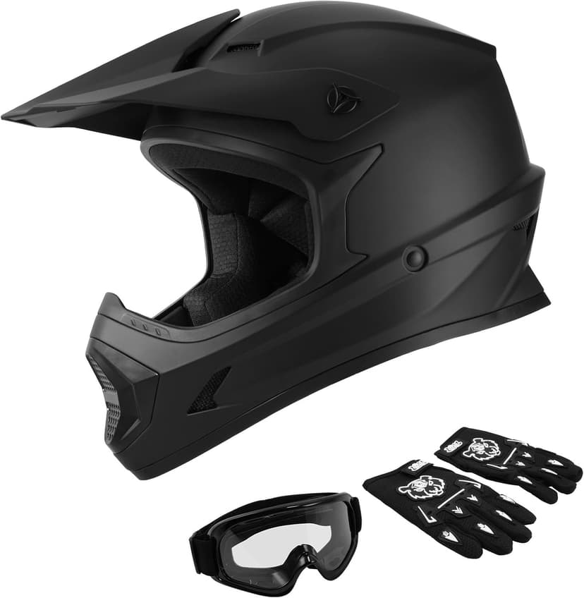 SLMOTO Youth ATV Helmet DOT Youth Kids Motocross Offroad Street Dirt Bike Helmet Motorcycle ATV Full Face Helmet with Goggles Gloves, Matte Black Small