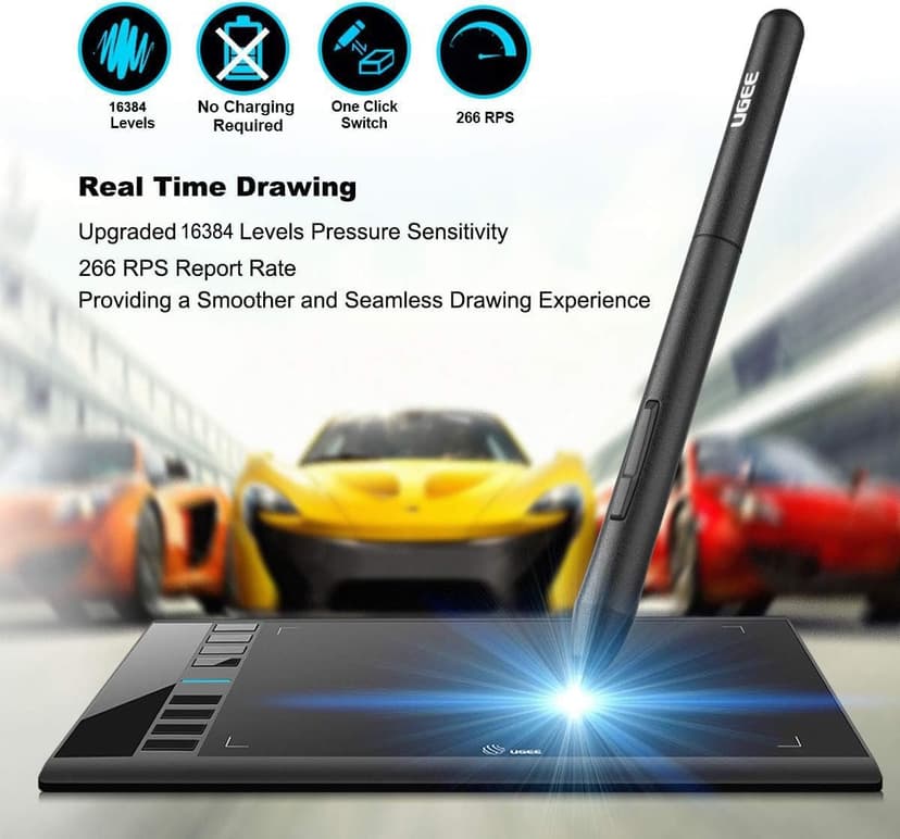 Graphics Drawing Tablet, UGEE M708 10 x 6 inch Large Drawing Tablet with 8 Hot Keys, Passive Stylus of 16384 Levels Pressure, UGEE M708 Graphics Tablet for Paint, Design, Art Creation Sketch