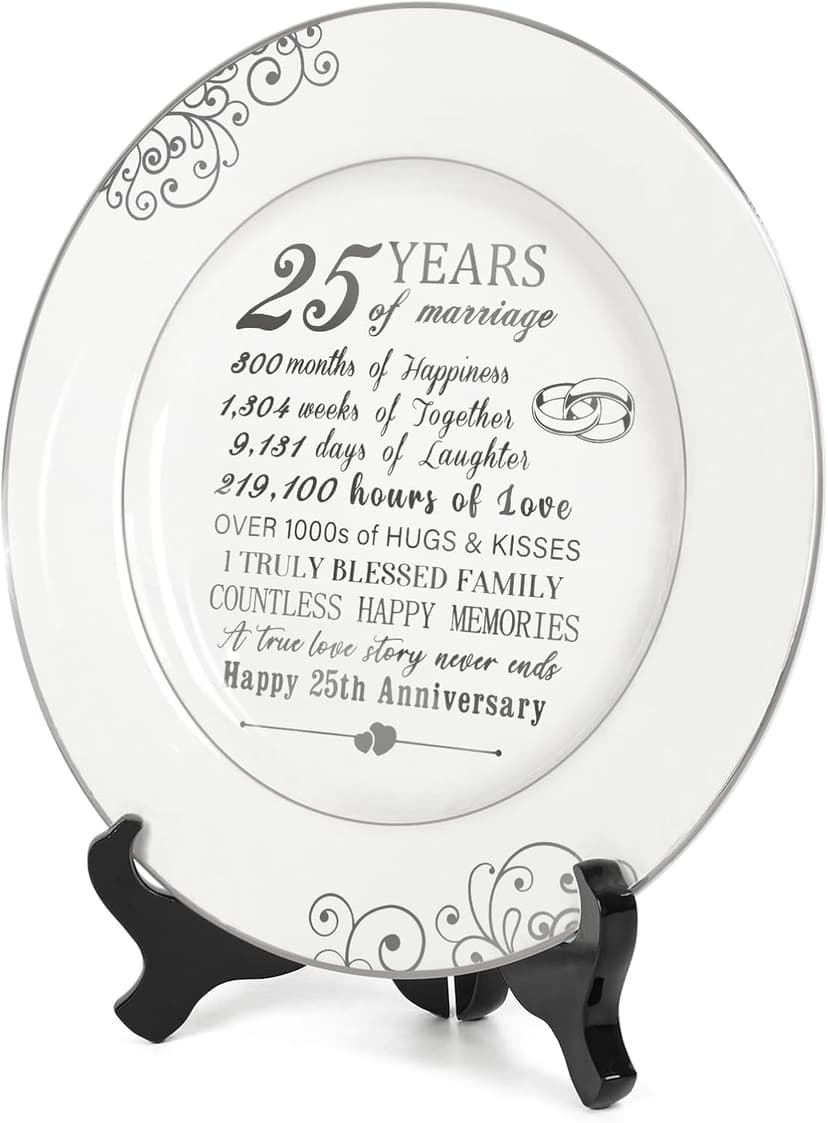 25th Anniversary Plate with Platinum Foil - Silver 25 Year Marriage Anniversary Wedding Gifts for Couple Her Him Husband Wife, 9"