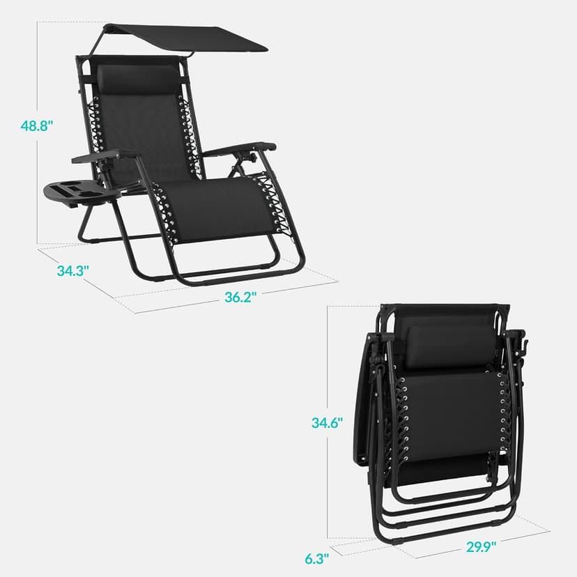 Best Choice Products 30” Wide Folding Zero Gravity Outdoor Recliner Patio Lounge Chair w/Adjustable Canopy Shade, Headrest, Side Accessory Tray - Black
