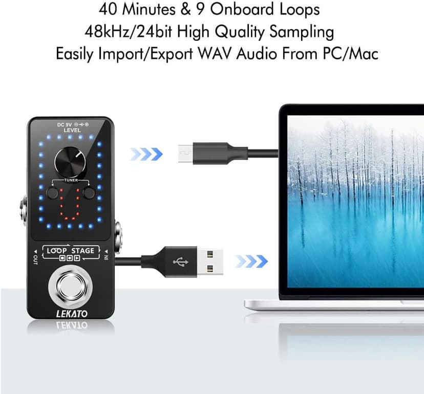 LEKATO Looper Guitar Pedal Guitar Loop Pedal Tuner Pedal 9 Loops 40 Minutes Record Time Unlimited Overdubs for Electric Guitar Bass (Black)