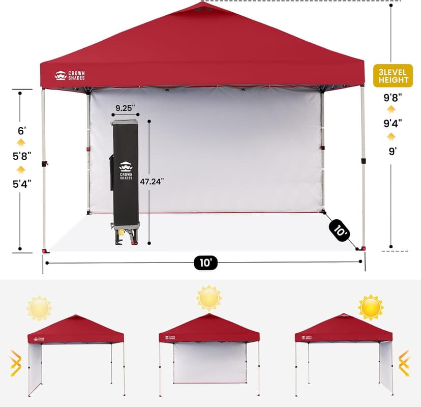 CROWN SHADES 10x10 Pop Up Canopy with 1 Side Wall - Beach Tent with One Push Setup - Outdoor Sun Shade for Events, Parties, Camping - Gazebo with STO-N-Go Cover Bag (Red)