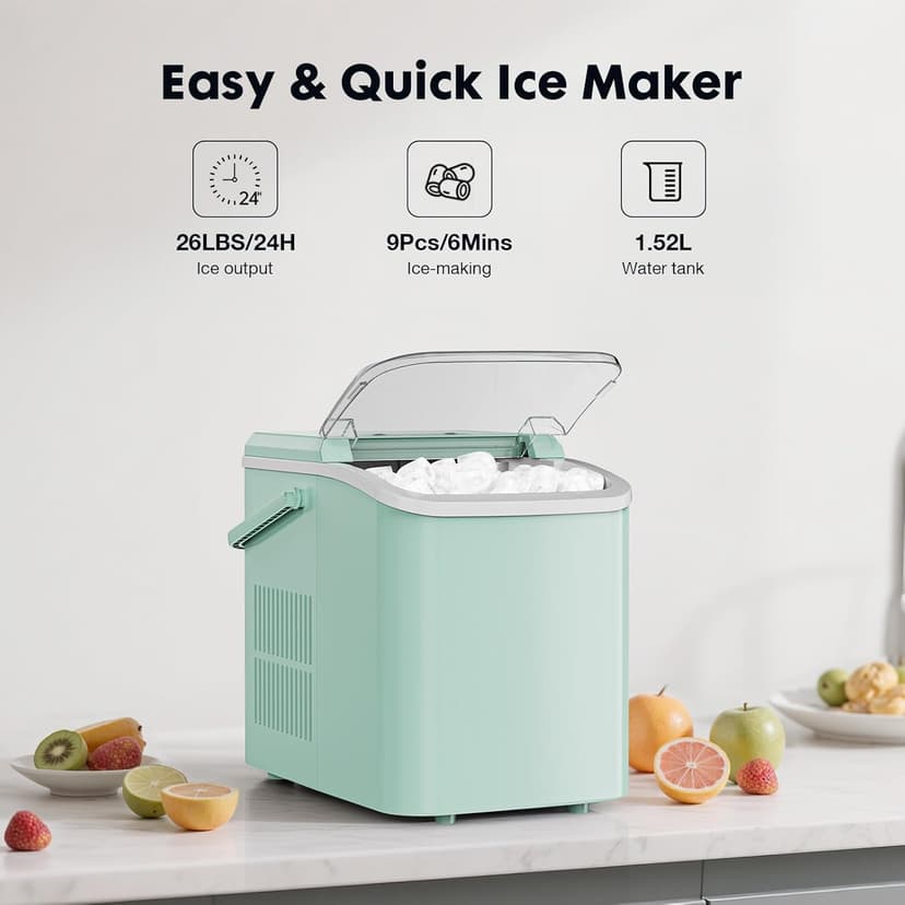 Sweetcrispy Countertop Ice Maker with Scoop, Basket and Handle, Portable Ice Machine 9 Ice Cubes Ready in 6 Mins, 26.5lbs in 24Hrs, 2 Sizes for Home Kitchen Office Bar Party, Green