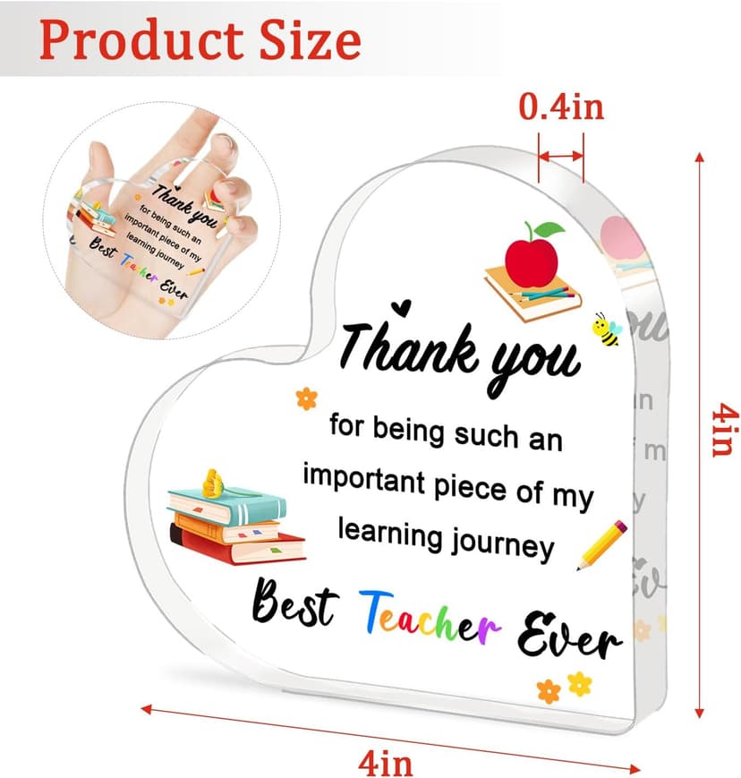 Teacher Valentine Gift, Valentines Day Gifts for Teachers - Acrylic Heart Plaque 4×4 in, End of Year Thank You Teacher Gifts for Women Men, Teacher Retirement Gifts, Keepsake & Paperweight