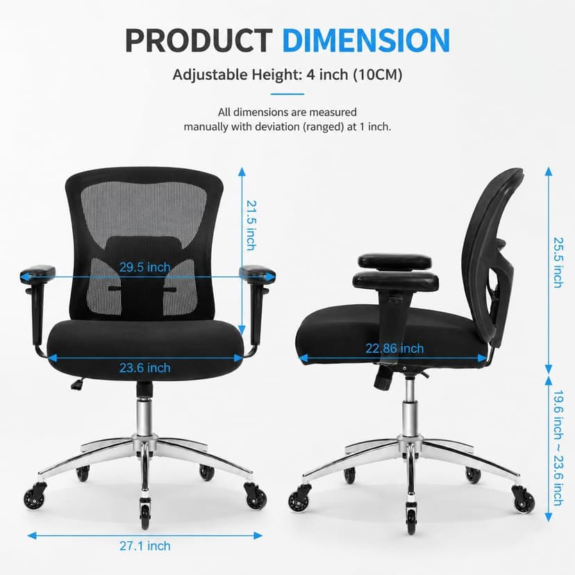 Big and Tall Office Chair 600lbs, Heavy Duty Ergonomic Mesh Chair, Computer Executive Desk Chair with Wide Thick Seat, Adjustable Armrests, Lumbar Support (Black, 601LBS) (Black, 601LBS)