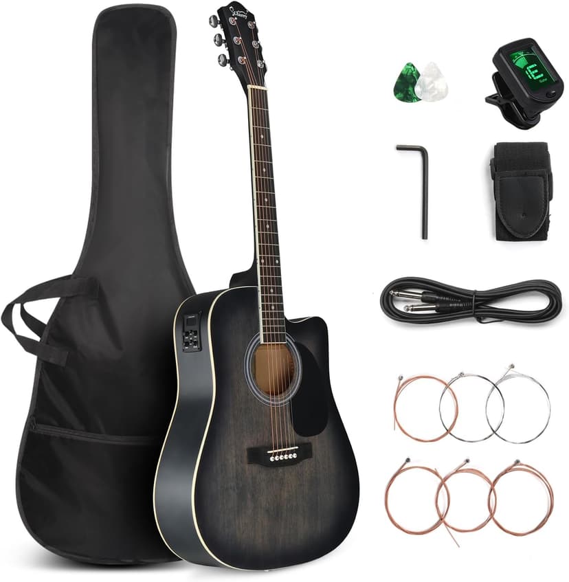 GLARRY Full Size 6 Strings Acoustic Electric Guitar Beginner Kit, Cutaway 41 Inch Electric Acoustic Guitar w/Inbuilt Tuner, Bag, Strap, Picks, Strings, Basswood Guitarra, Matte Distressed Black