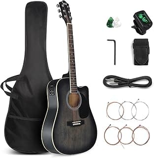 GLARRY Full Size 6 Strings Acoustic Electric Guitar Beginner Kit, Cutaway 41 Inch Electric Acoustic Guitar w/Inbuilt Tuner, Bag, Strap, Picks, Strings, Basswood Guitarra, Matte Distressed Black