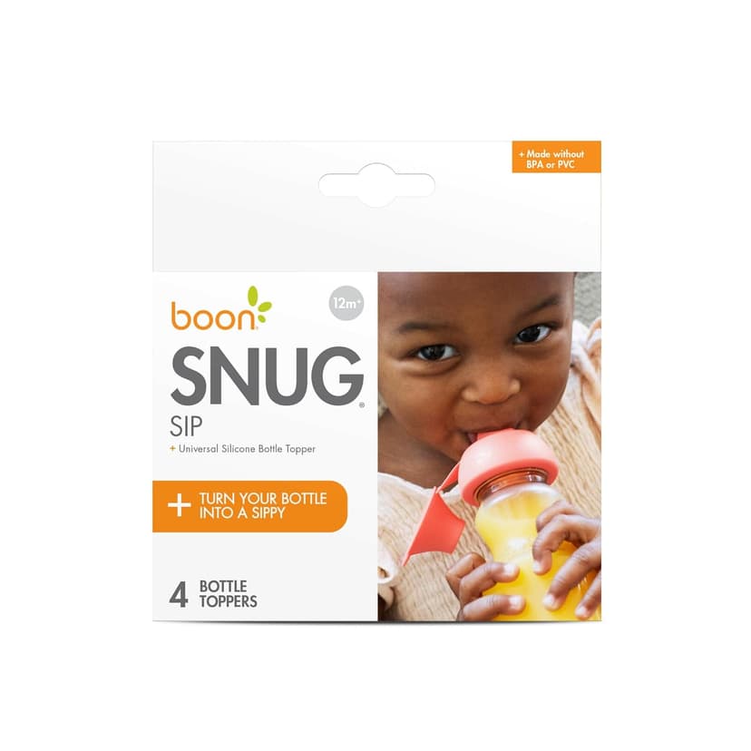 Boon Snug Sip Universal Water and Juice Silicone Bottle Toppers - Soft Spout Conversion Caps with Spill Proof Valves - Silicone Bottle Covers for Travel - Includes 4 Bottle Toppers and 4 Cases