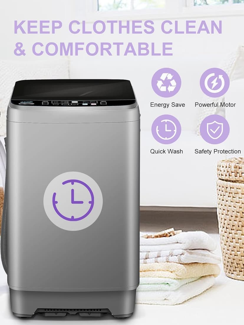 Full-Automatic Washing Machine 25 lbs Portable Washer 10 Wash Program & 8 Water Level with LED Display，Drain Pump, Come with a Glass Cover, Ideal for Apartments, RV, Camping, Grey