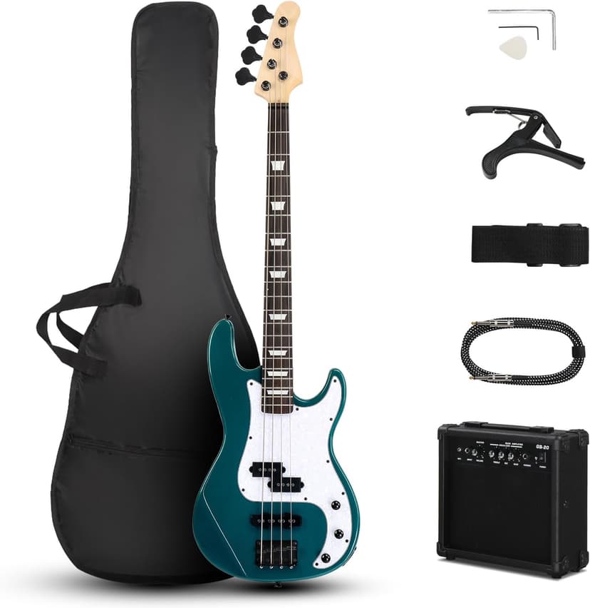 Ktaxon 4 String Electric Bass Guitar, PB-Style Full Size Standard Right Handed Beginner Kit with 20W AMP, Gig Bag, Strap, Upgrade Cable, Guitar Capo for Youths & Adults (Lake Blue)