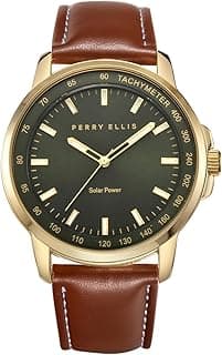 Perry Ellis Solar Powered Mens Watch | Vegan Leather Water-Resistant Analog Wrist Watches for Men | 43mm Case | Aluminum Tachymeter Bezel | Elegant Gift for Man