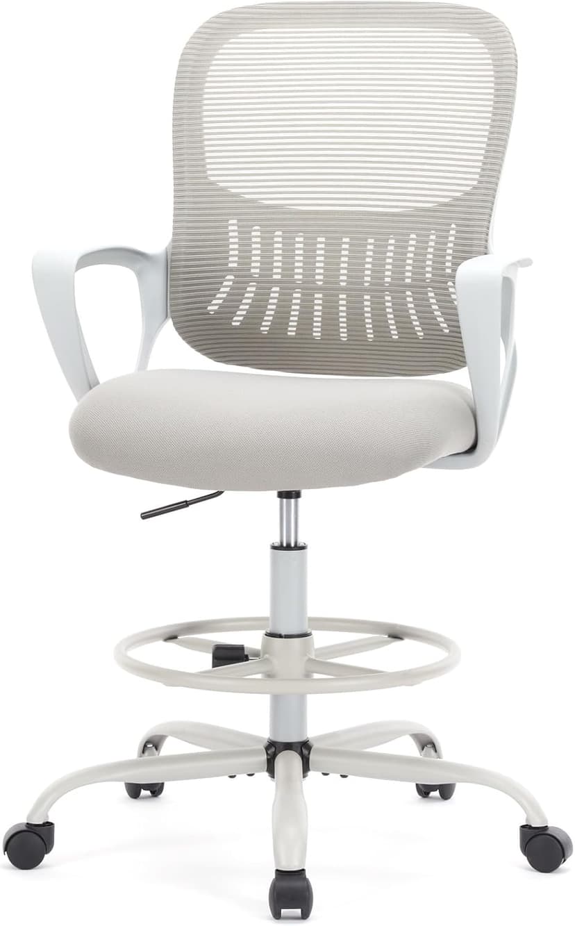 DUMOS Drafting Chair - Ergonomic Tall Office for Standing Desk, Counter with Height Adjustable and Comfortable Lumbar Support, Fixed Armrests, Grey