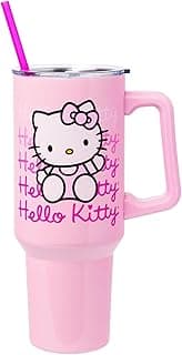 Silver Buffalo Sanrio Hello Kitty Waving Stainless Steel Tumbler with Handle and Straw, Fits in Standard Cup Holder, 40 Ounces