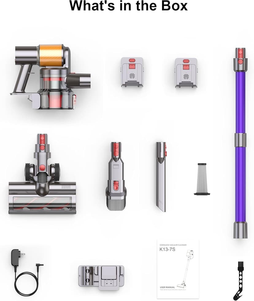 Cordless Vacuum Cleaner, 2 Batteries 120 Mins Runtime, 600W 50KPA Stick Vacuum with Self-Standing, Tangle-Free Brush, LED Display, Vacuum Cleaner for Home Hardwood Floor, Carpet, Pet Hair