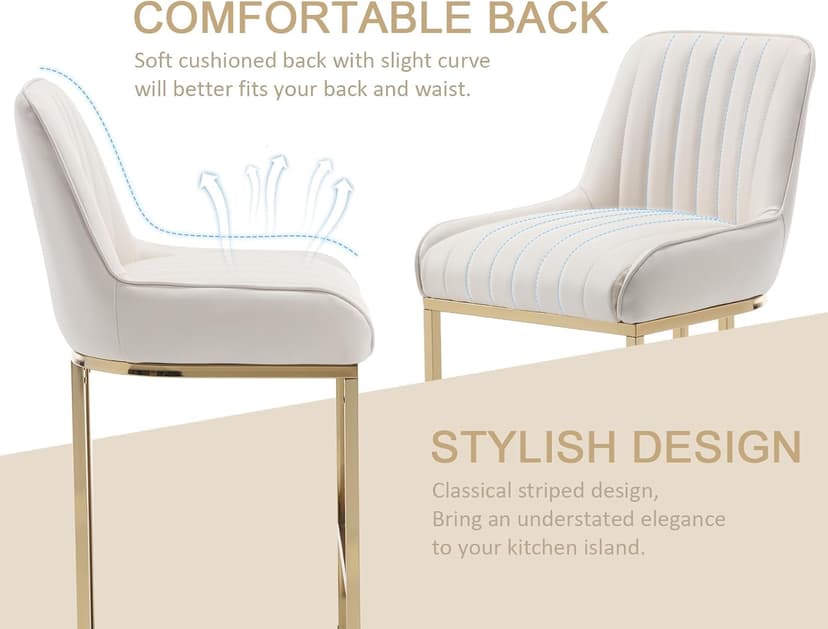 CIMOTA Counter Height Bar Stools Set of 2 with Back Modern Kitchen Counter Stools with Gold Legs Leather Island Chairs Comfy Stripe Barstools for Breakfast Bar, 26 Inch/PU Beige