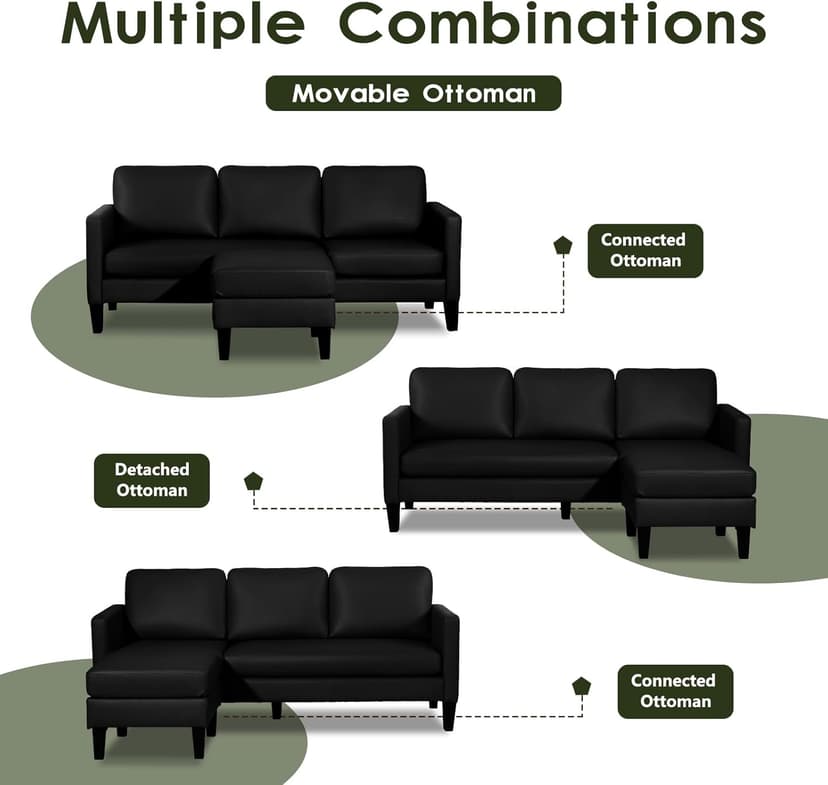 USSerenaY Faux Leather Sectional Couch, L Shaped Sofa with 3 Seater Couch and Reversible Chaise Convertible PU Leather Comfy Couches for Living Room (Black)