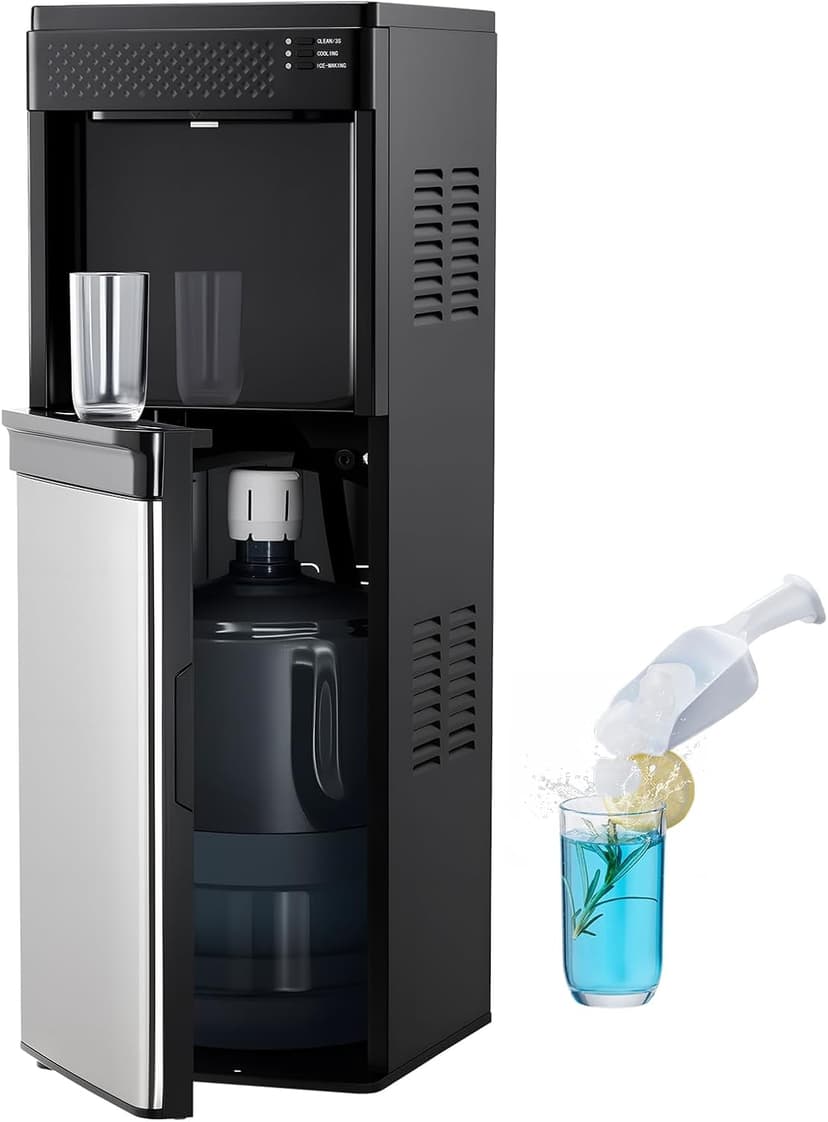 VEVOR Water Dispenser with Ice Maker, 3-in-1 Floor-Standing Water Dispenser, 33 LBS/24H, 9 Cubes/7 Min Fast Ice Making with 1.3 LBS Storage, Bullet Ice-Cubes & Cold-Water, for Home, Kitchen, Party