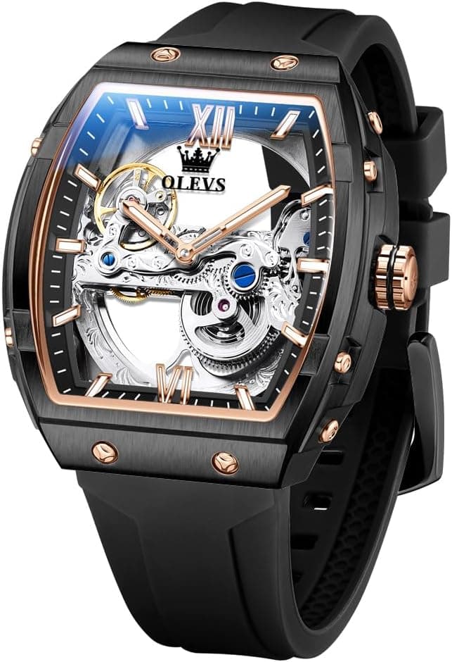 OLEVS Watch for Men Skeleton Automatic Tonneau Silicone Strap Business Luxury Waterproof Luminous Mechanical Men Wrist Watch