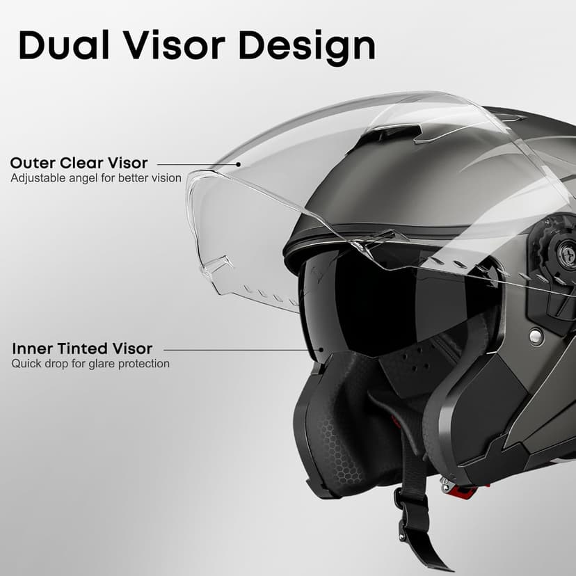 Motorcycle Helmets for Adults, Open Face Motorcycle Helmet with Dual Visor, Casco para Moto DOT Certified, ATV Dirt Bike Snowmobile Motocross Helmet for Men Women, Quick Release Strap, AP-836