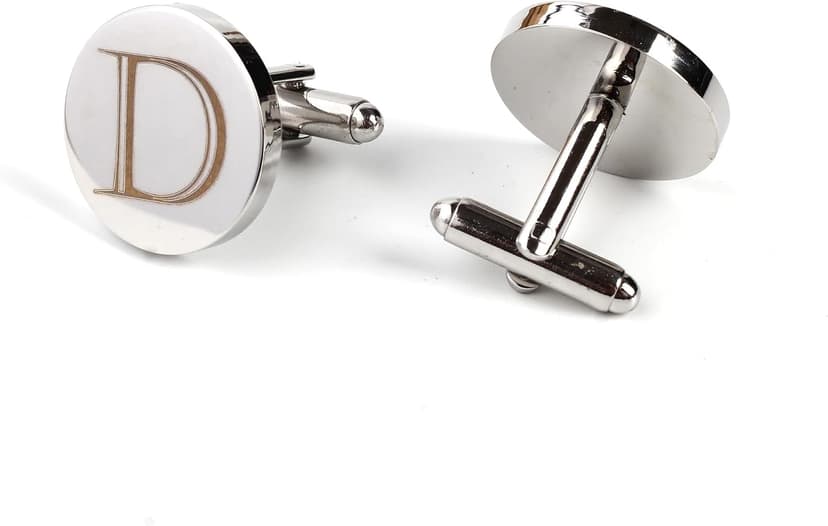 Mens Initial Silver Cufflinks A-Z Alphabet Letter Steel Cuff Links with Engraved Walnut Wood Box Groom Groomsman Wedding Set…