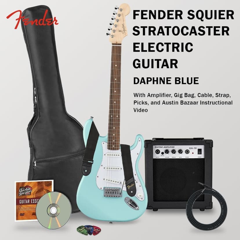 Fender Squier Stratocaster Electric Guitar - Daphne Blue Bundle with Amplifier, Gig Bag, Cable, Strap, Picks, and Austin Bazaar Instructional Video
