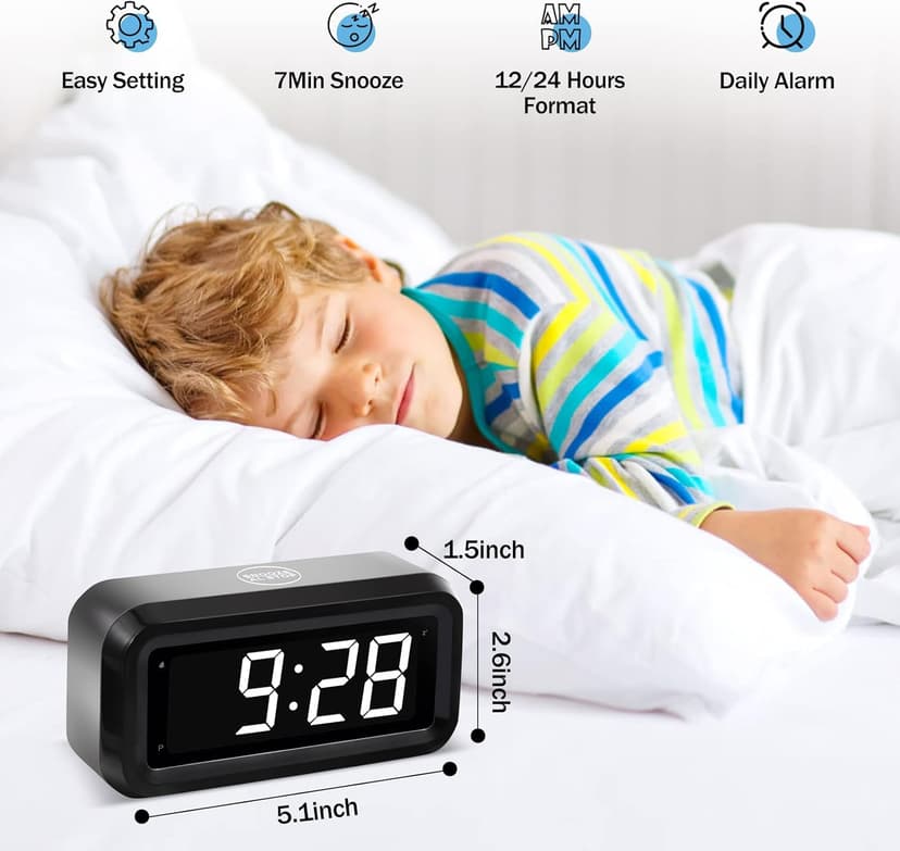 Timegyro Digital Alarm Clock Battery Operated with LED Display for Bedrooms, Long Battery Life for 12 Months, 3 Brightness Adjustable, 12/24 Hour, Snooze, Black Case with White Digits