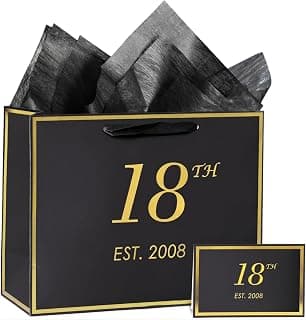 momoake 18th Birthday Gift Bag with Card and Tissue Paper for Boys Men Women, 2007 18 Year Old 13" Elegant Black Gold Anniversary Keepsake Party Present Shopping Paper Bags for Gifts Wrapping